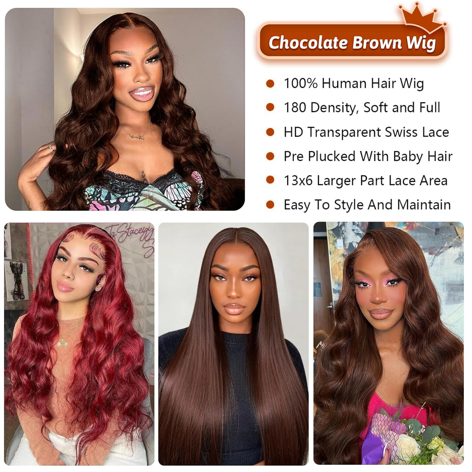 13*6 Inch HD Lace Closure 100% Human Hair Wig Body Wave Lace Front Wig 34" #4 Chocolate Brown Hair Heat Resistant Bleachable