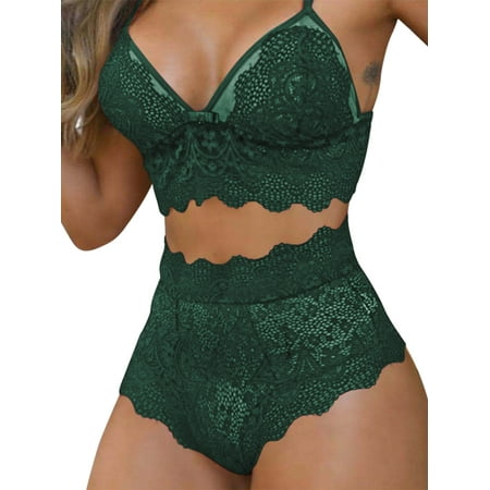

Avamo Ladies Underwear 2 Pieces Lingerie Set Babydoll Transparent Nightdress Deep V Neck Women Sexy See Through Mesh Lace Up Dark Green L