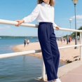 thumbnail image 5 of Girls High Waist Draped Straight Leg Trousers Casual Suit Style Pants with Pleated Front and Functional Pockets, 5 of 6