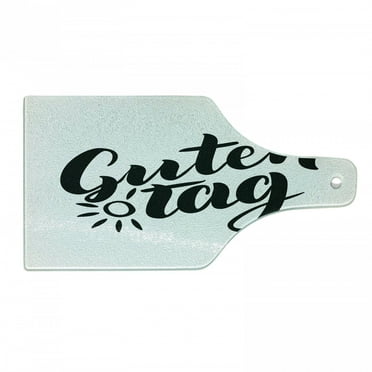 German Cutting Board, Guten Tag Words with Hand Lettering Calligraphy Style Illustration, Decorative Tempered Glass Cutting and Serving Board, Wine Bottle Shape, Black and White, by Ambesonne