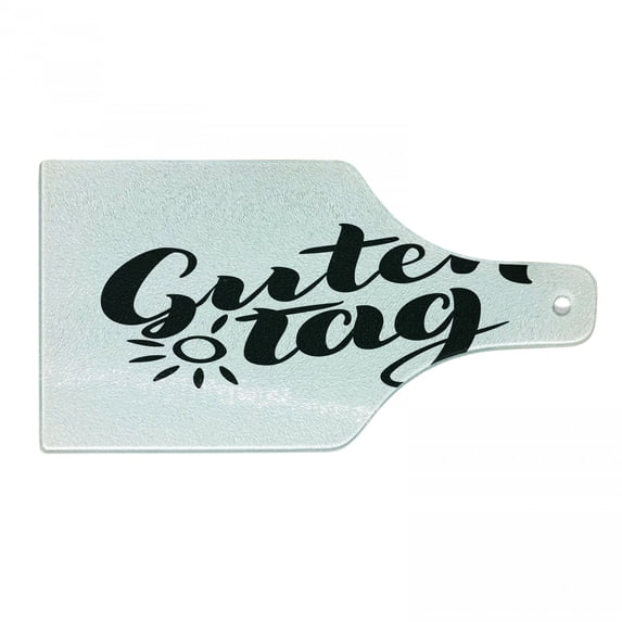 German Cutting Board, Guten Tag Words with Hand Lettering Calligraphy Style Illustration, Decorative Tempered Glass Cutting and Serving Board, Wine Bottle Shape, Black and White, by Ambesonne