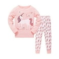 thumbnail image 2 of 2 Pcs Ensembles de Pyjama en Coton Rose à Col Rond Imprimé Unicorn Décontracté pour Filles, 2 of 6