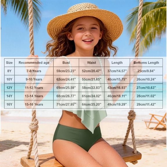 Girls Swimsuit with Shorts Color-Block Tiered Ruffled Bathing Suit Mint Green Bikini Set Swimwear Girls Bathing Suits 13-14 Years