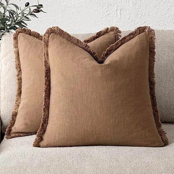 Eryueer Set of 2 Decorative Linen Throw Pillow Covers with Fringe, Cosy Boho Cushion Covers with Tassels, Soft Decorative Pillow Case for Sofa, Couch, Bed, Living Room, Home Decor, 46 x 46 cm