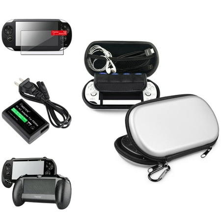 Insten Silver EVA Case + Gaming Hand Grip + Screen Guard + AC Charger Adapter For Sony PS Vita PSV