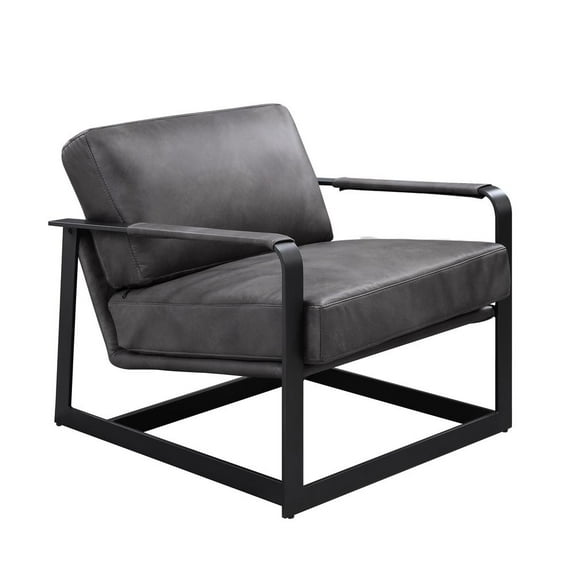 ACME Locnos Top Grain Leather Upholstered Accent Chair in Gray and Black
