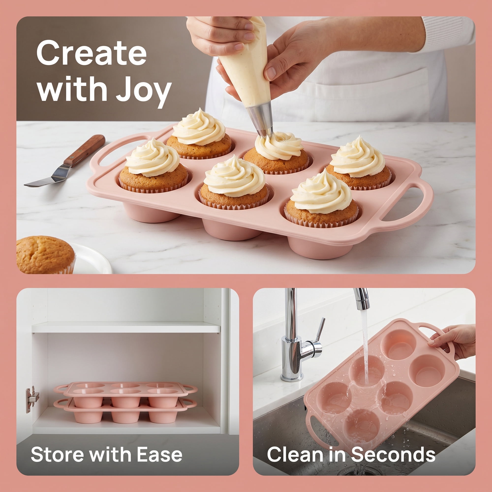 Unique Bargains Baking Pan 12-Cup Nonstick Silicone Tray with Dual Handles Pink 12.8"x7.1"x1.5"