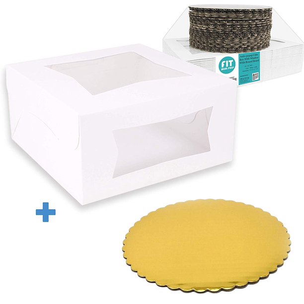 50 Pack 8x8x4 White Cake Box With Window And 8 Inches Round Gold Board Cardboard Gift Packaging For Pie Cupcake Cookie Pastry Restaurant Bakery Packaging Containers 25 Of Each Walmart Com