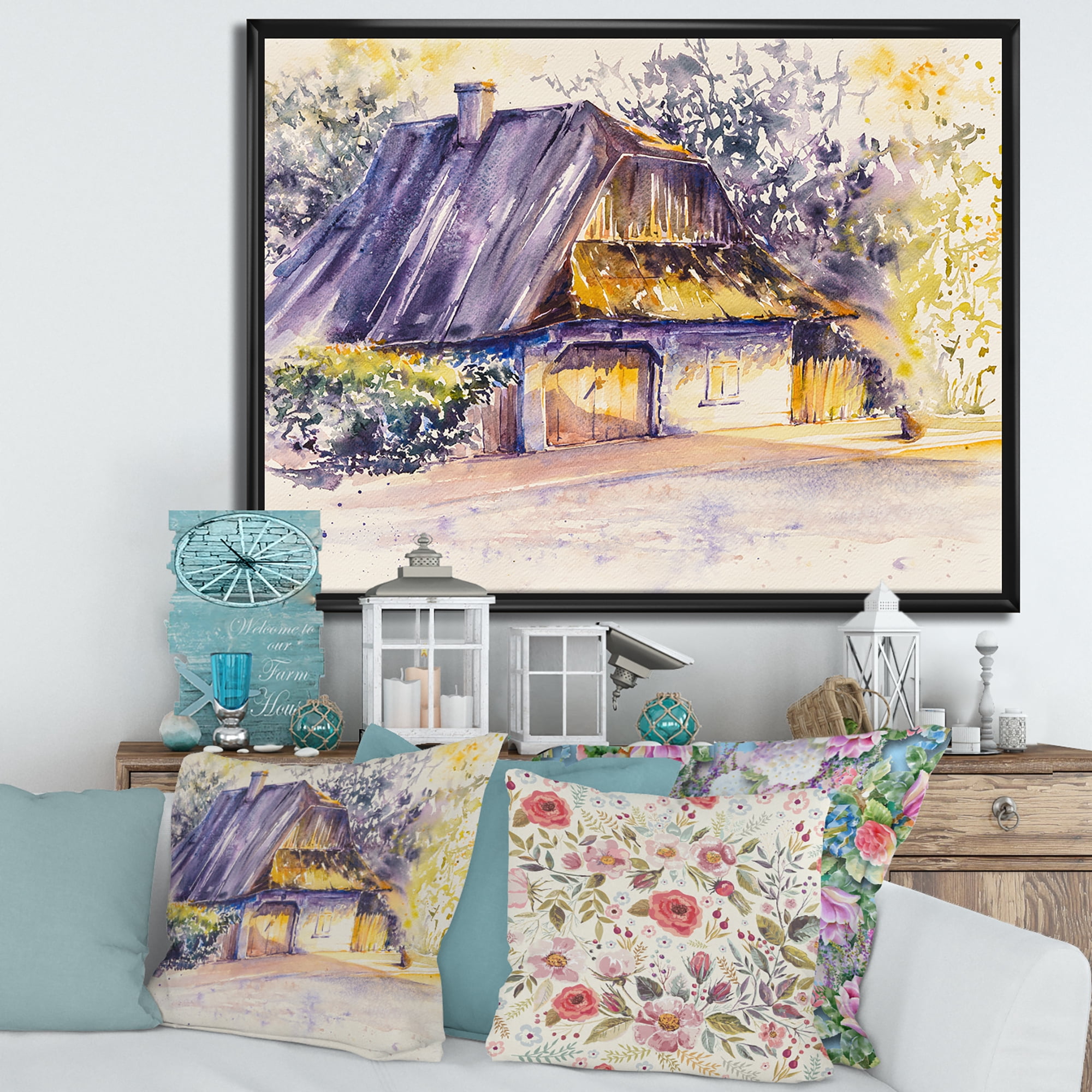 Designart 'Old Wooden White House In Country Side Village During Afternoon Glow' Traditional Framed Canvas Wall Art Print