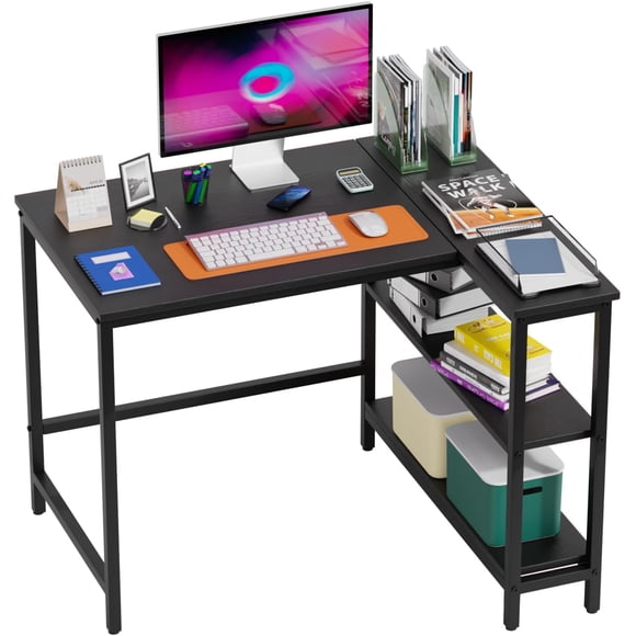 FDW L-Shaped Gaming Desk 39 Inch Corner Desks, Reversible Side Storage Shelves Metal Frame PC Work Table for Home Office Dorm Sturdy Writing, Black