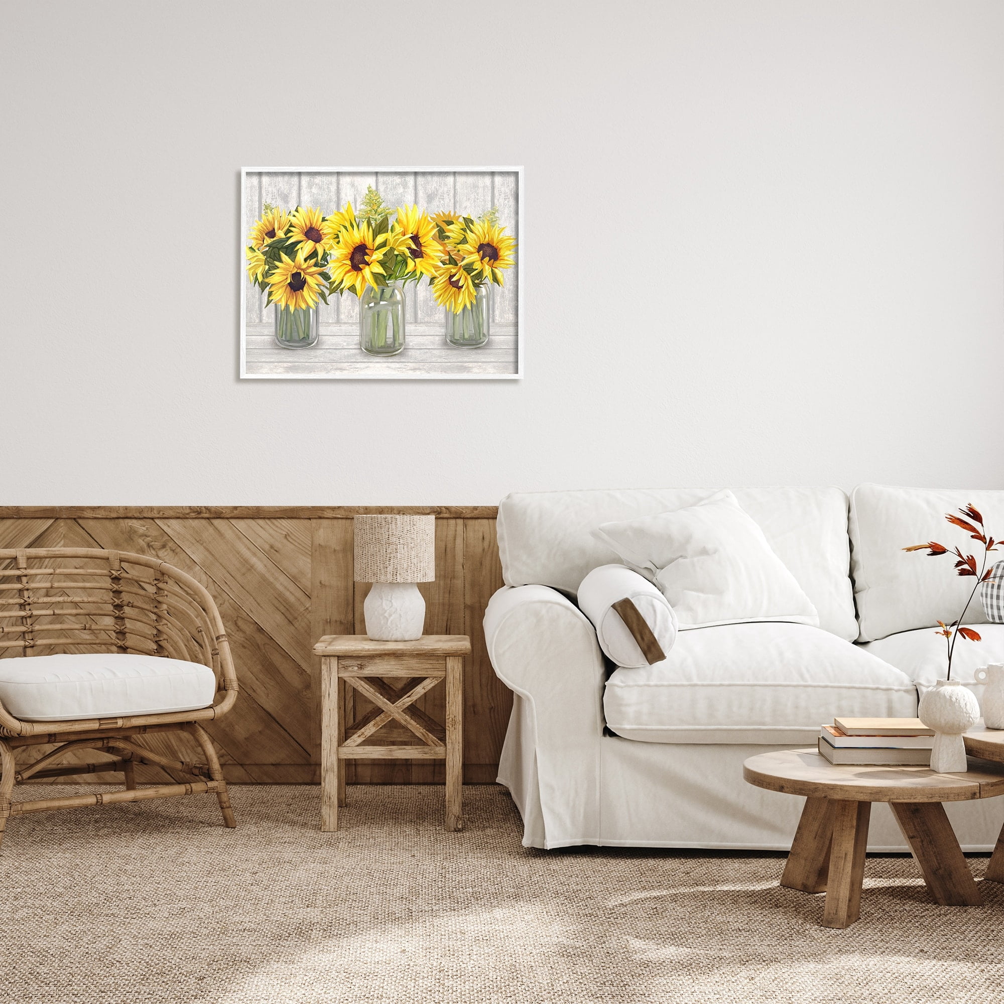 Stupell Industries Three Sunflower Bouquets Country Planks Still Life Graphic Art White Framed Art Print Wall Art, Design by Ziwei Li