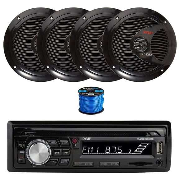 Pyle PLCDBT95 In Dash Bluetooth Marine Stereo Radio MP3 CD Player AM/FM Receiver, 4X 6.5" 150 Watt 2-Way Dual Cone Full Range Audio Speakers (Black) w/ Wire