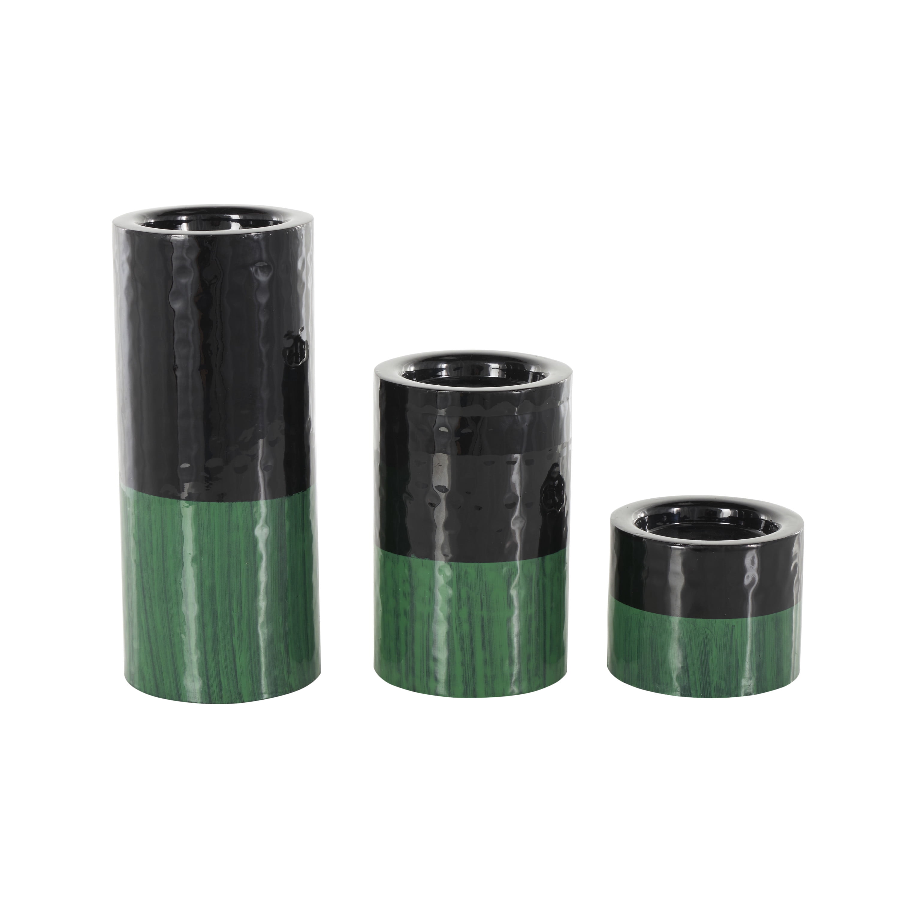 DecMode 3 Candle Green Metal Colorblock Candle Holder with Paint Streak Designs, Set of 3