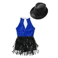 thumbnail image 4 of CHICTRY Kids Girls Dance Training Competition Dancewear Outfit Sequins Tassels Jumpsuit with Hat Jazz Modern Dancewear Royal Blue&Black 6, 4 of 5