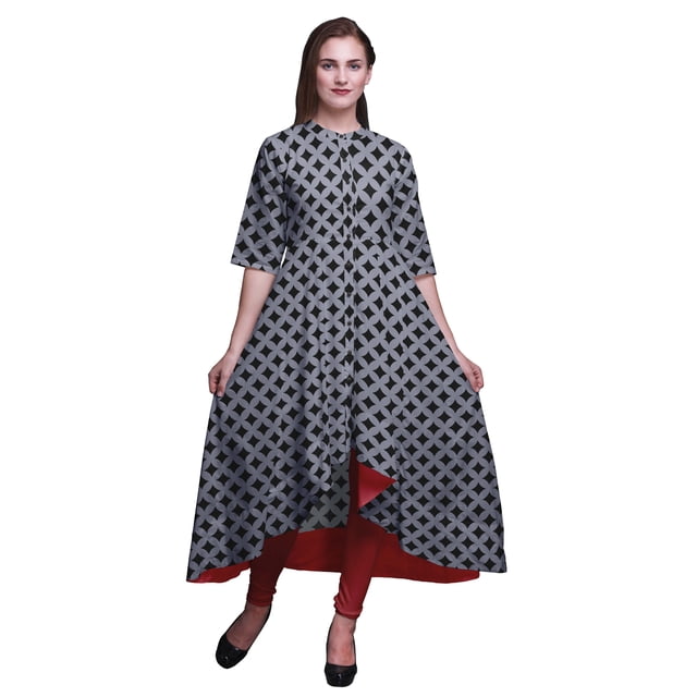 Bimba Robe Anarkali Grise à Imprimé Géométrique Losange pour Femmes, Col Mandarin, Kurtis Indiennes pour Femmes, Tenue de Fête - X-Grand