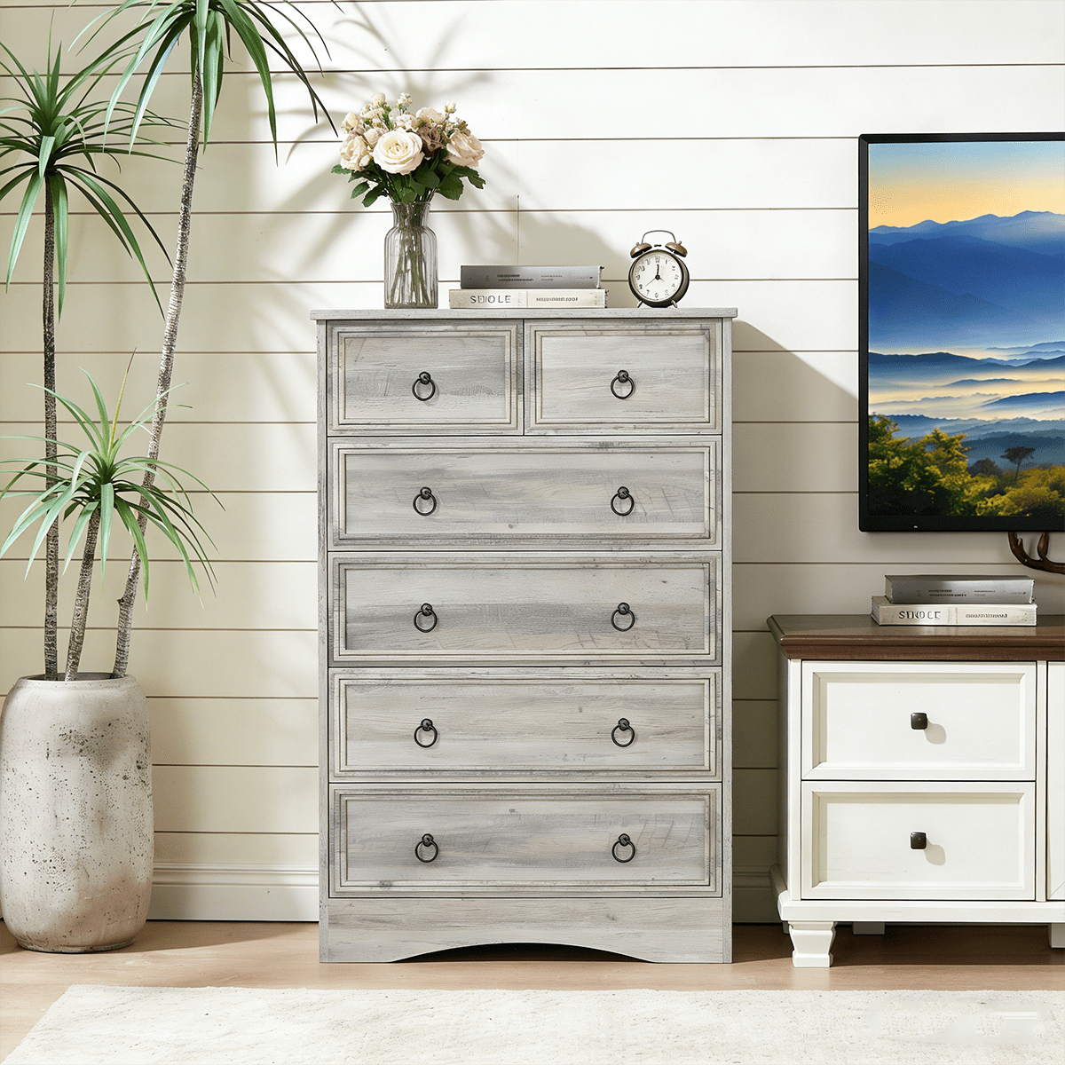 Meteorleg Farmhouse 6 Drawer Dresser, Grey Chest of Drawers, 48" Tall Dressers for Bedroom, Rustic Wood Storage Organizer for Living Room, Hallway, Closet