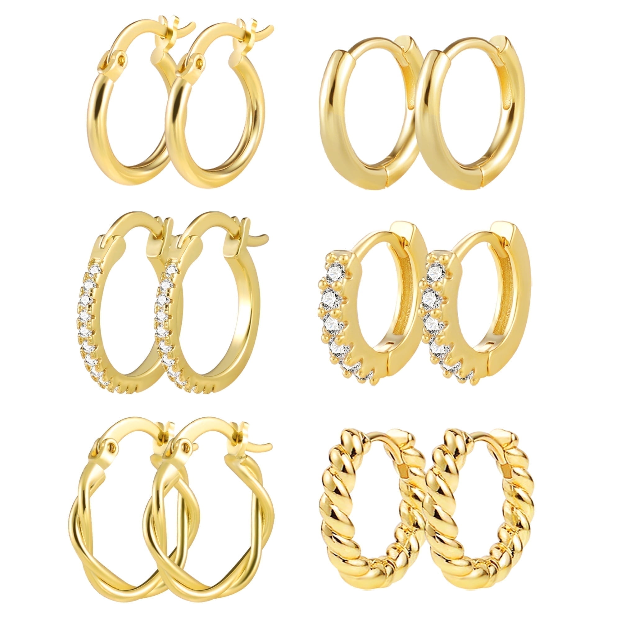 Gold Plated Earrings for Women, 6 Pairs 14k Gold Hoop Earrings, Hypoallergenic Chunky Jewelry Set Gifts