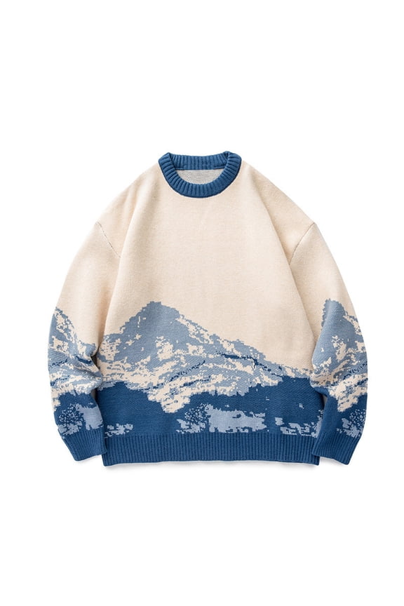 Lilgiuy Men's Round Neck Long Sleeve Tie-dyeing Mountain Print Sweater Pullover Knit Top BlueXL Winter Clothes for 2022
