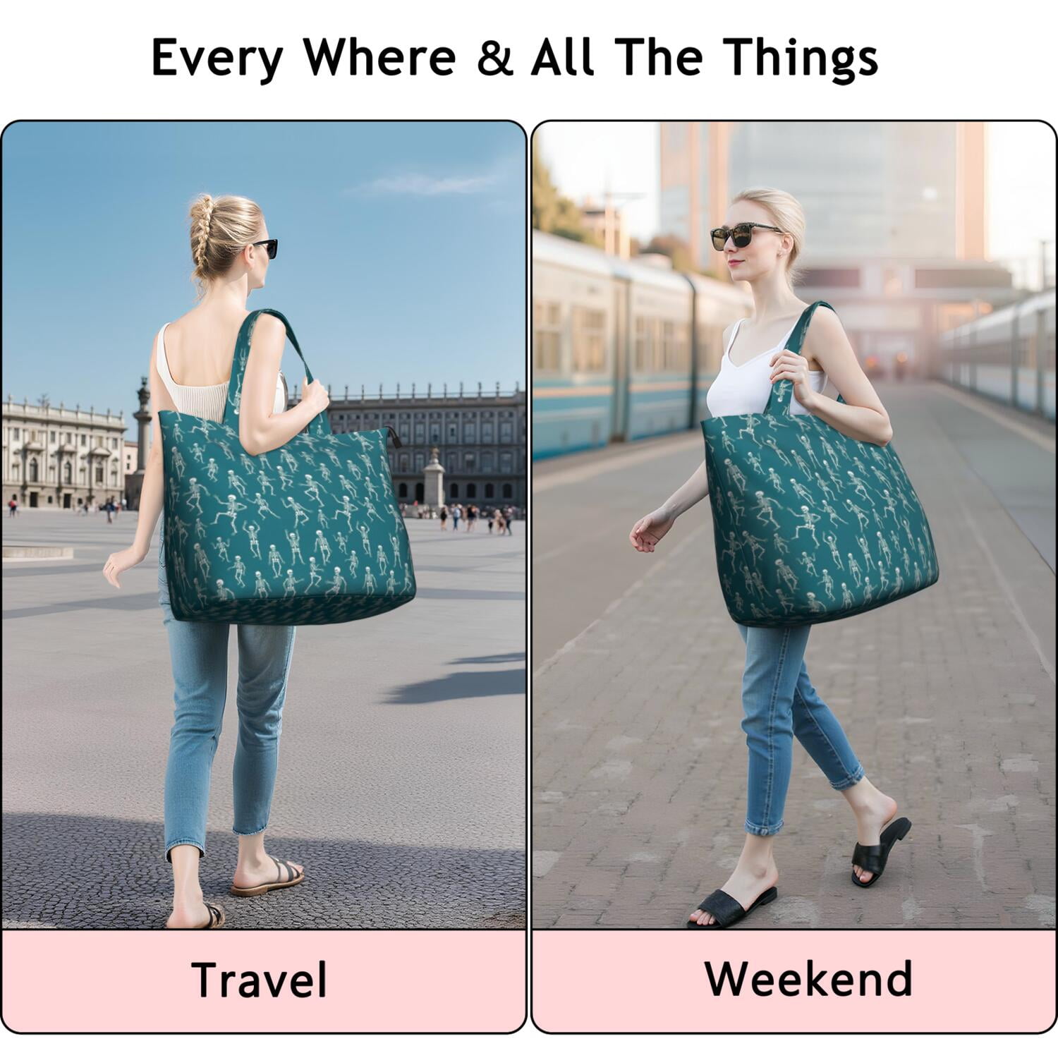 Teal Dancing Skeleton Pattern Travel Tote Bags for Women Carry On,Large Weekender Bags for Women Travel,Multi Functional Duffle Bag for Work,Shopping,Sports
