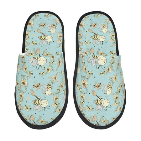 Balery Cute Honeybees Slient Indoor Furry Fleece Comfort House Shoes Soft Non-Slip Home Shoes Cotton slippers House Slippers-- Medium