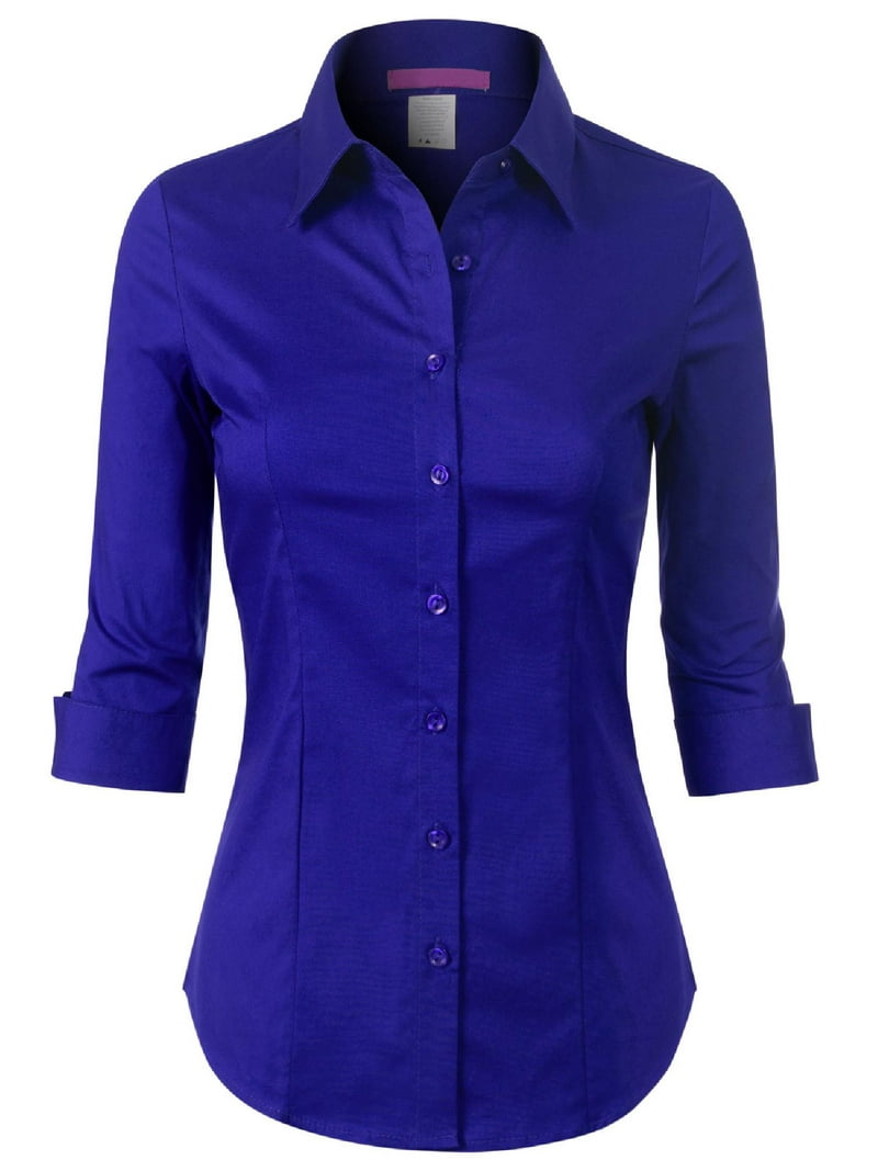 Made by Olivia Women's 3/4 Sleeve Stretchy Button Down Collar Office Formal  Casual Blouse Shirts Top Royal Blue 1XL - Walmart.com