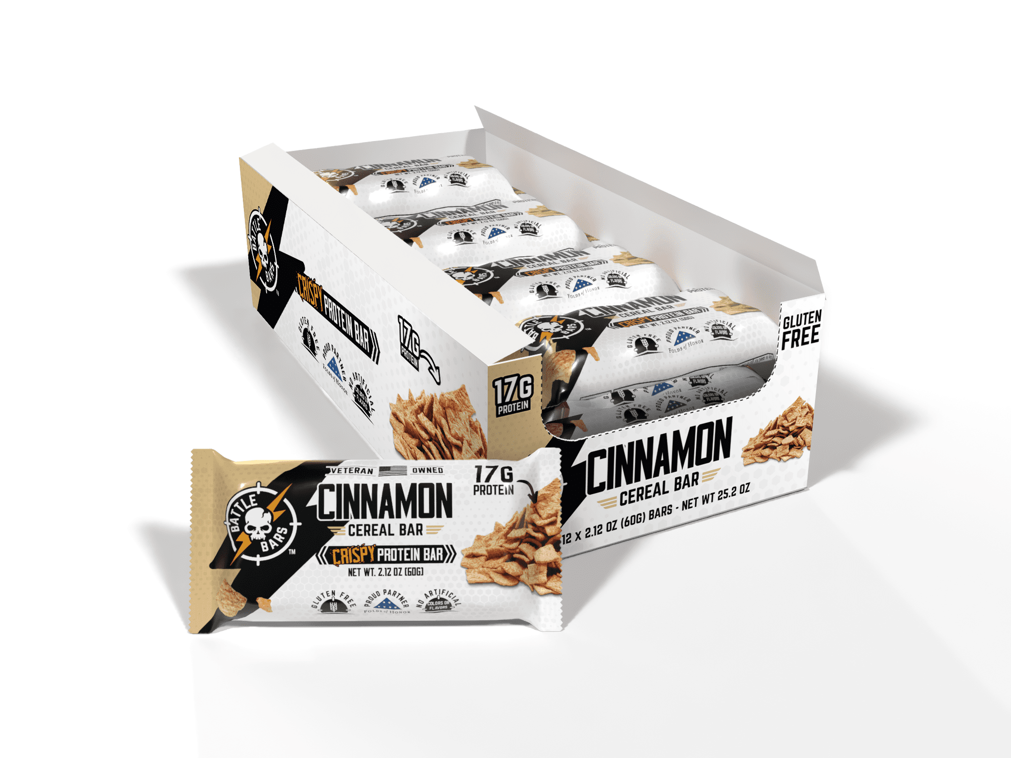 Battle Bars Cinnamon Cereal Marshmallow-Crisp Protein Bars, 12 Pack, 2.12oz, 17g Whey Protein, Gluten Free