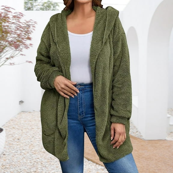Huowey Womens Overcoat Soft Wool Fuzzy Hooded Jacket Long Sleeve Casual Open Front Cardigan With Pockets Lightweight Outdoor Dailywear,Army Green,L