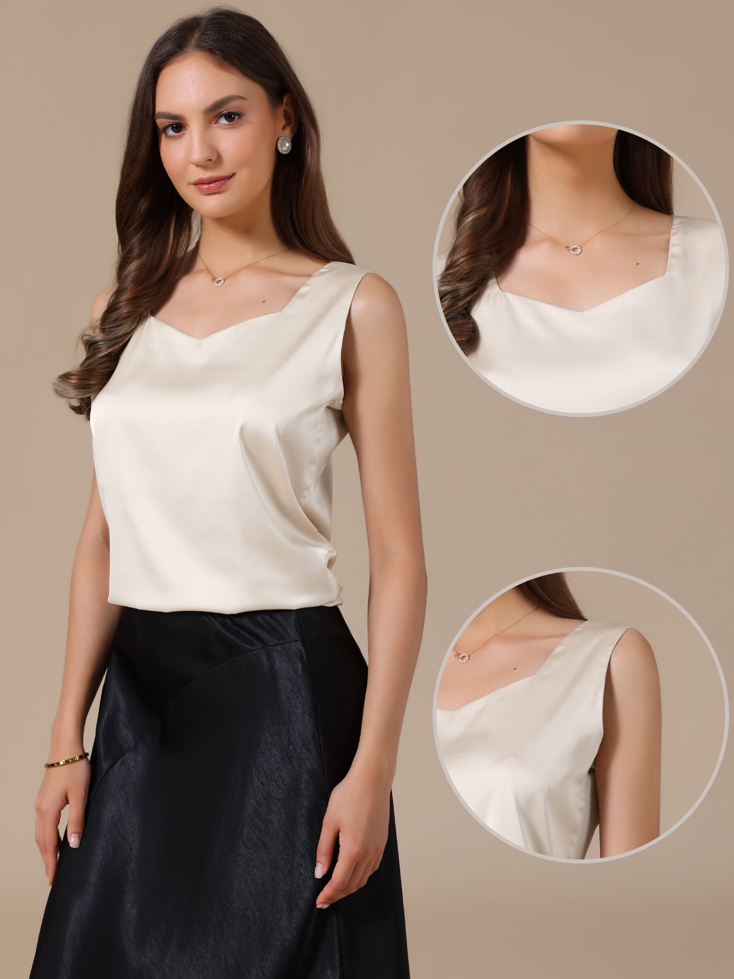 DARING DIVA Women's Satin Tank Tops V Neck Dressy Casual Sleeveless Silk Camisole Top M Champagne