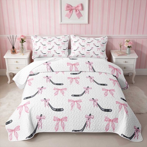 Erosebridal Pink Hockey Stick Bow Twin Quilt Set for Girls, Sporty Winter Ice Snow Twin Coverlet Set, 2 Pieces 1 Bedspread and 1 Pillowcase