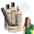 thumbnail image 1 of Kit Vegan 4 pz Nefertiti Shampoo + Acondicionador + Mascarilla + Leave-In + Peine Graduado y Gorro de Baño Alfamar – Sin Sal ni Parabenos, Hidrata y Repara Cabello Seco o Dañado, 1 of 4