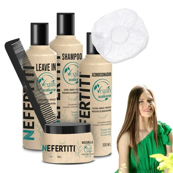 Kit Vegan 4 pz Nefertiti Shampoo + Acondicionador + Mascarilla + Leave-In + Peine Graduado y Gorro de Baño Alfamar – Sin Sal ni Parabenos, Hidrata y Repara Cabello Seco o Dañado