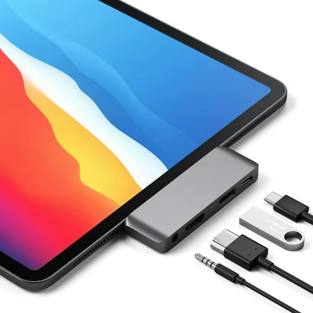 Satechi - Type-C Mobile Hub with USB-C PD Charging, 4K HDMI, USB 3.0 & Headphone Jack - 2020/2018 iPad Pro, Microsoft Surface Go - Space Gray