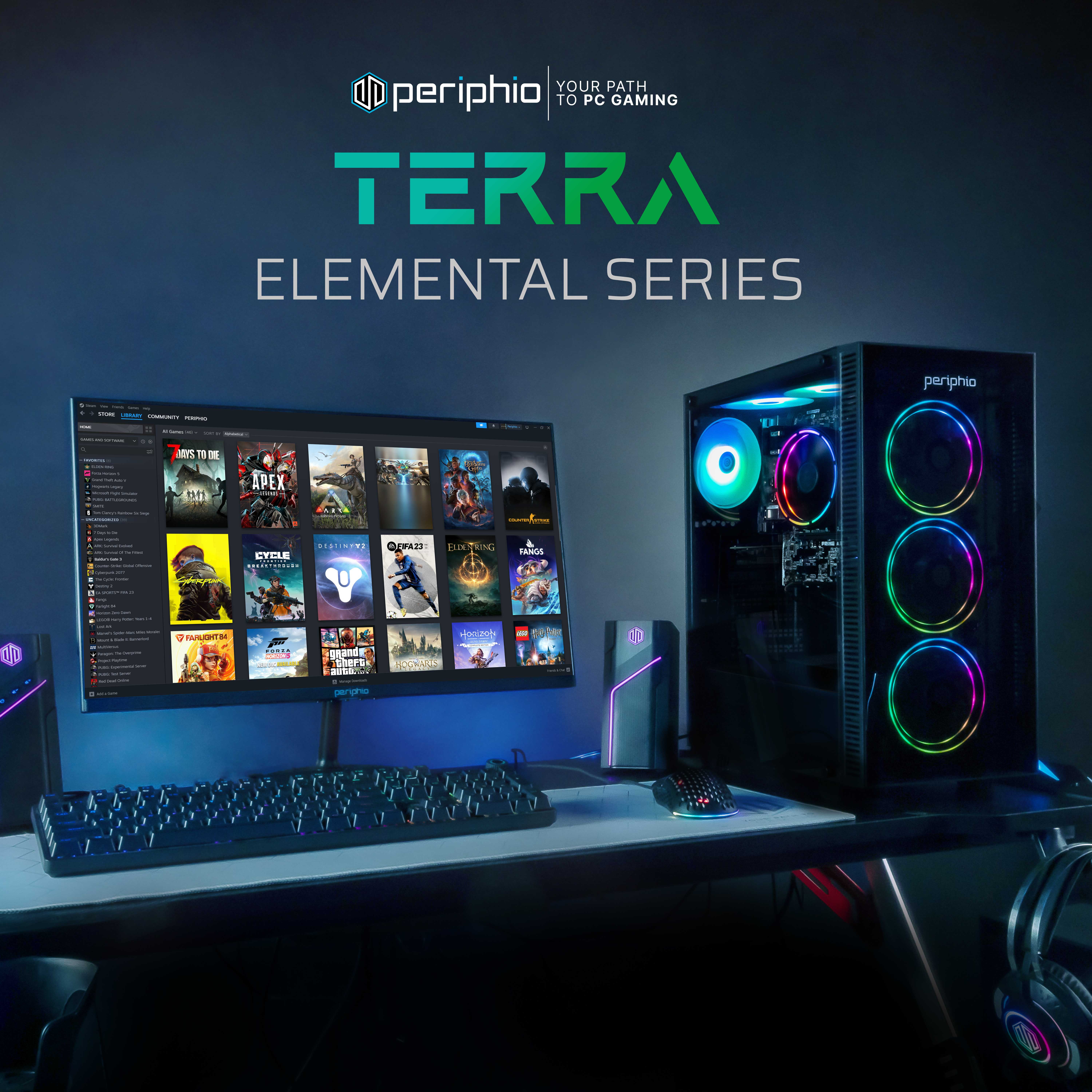 Periphio Terra Gaming PC Desktop - AMD Ryzen 5 (4.4GHz Turbo), Radeon Vega 7 iGPU, 16GB RAM, 1TB NVMe SSD, Windows 11 Gaming Computer, WiFi + BT