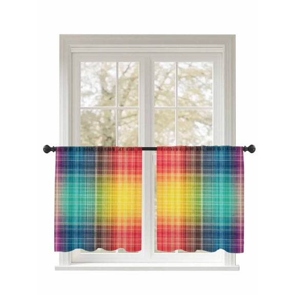 Gradient Plaid Sheer Curtains 54 Inch Long 2 Panels, Color Plaid Vintage Linen Texture Light Filtering Rod Pocket Semi Sheer Curtains, Sheer Voile Drapes for Living Room Bedroom, 52"x54"