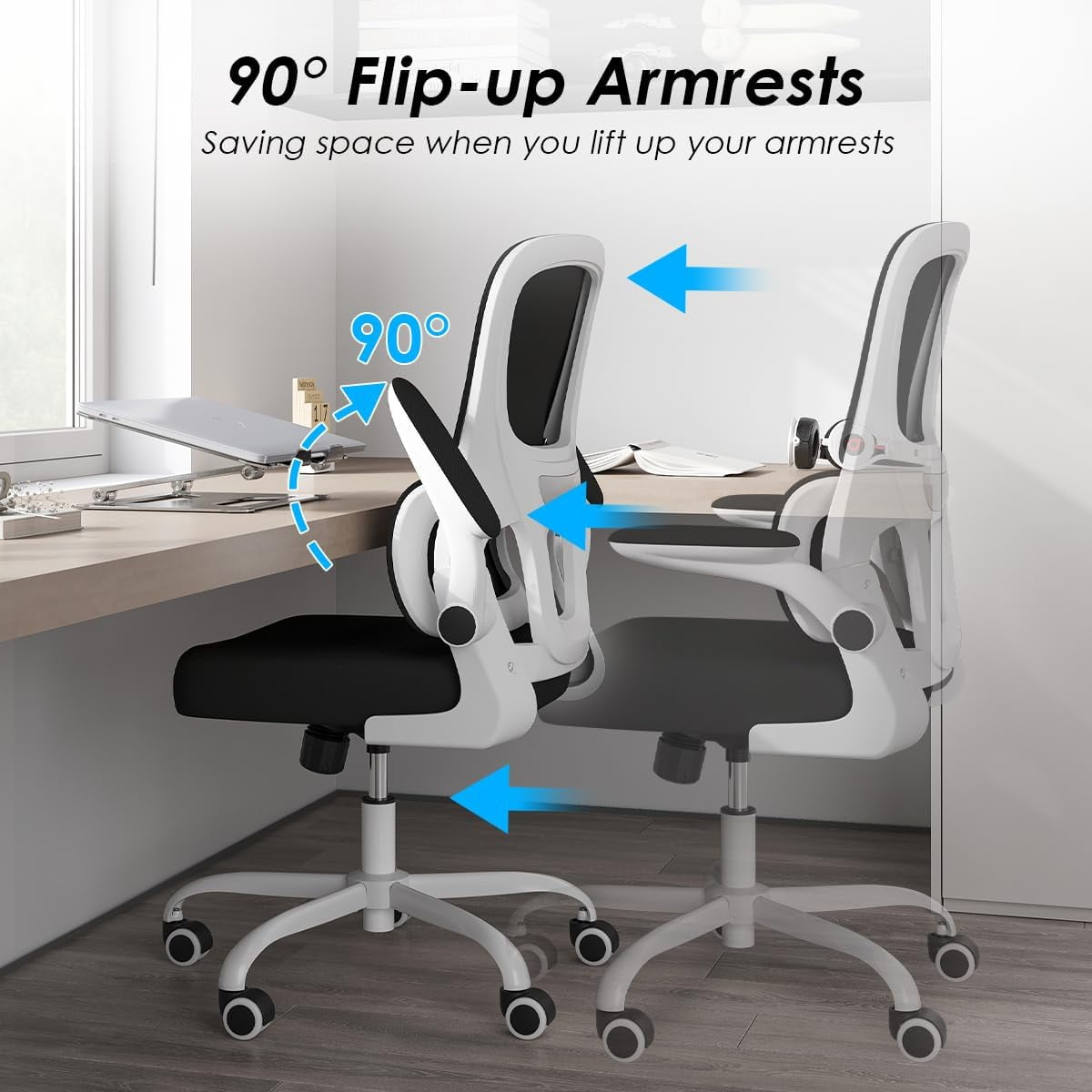 STARY Ergonomic Mesh Office Chair, Computer Chair with Lumbar Support and Flip-up Armrests, Comfy Desk Chair with PU Wheels for Home Office, White & Black