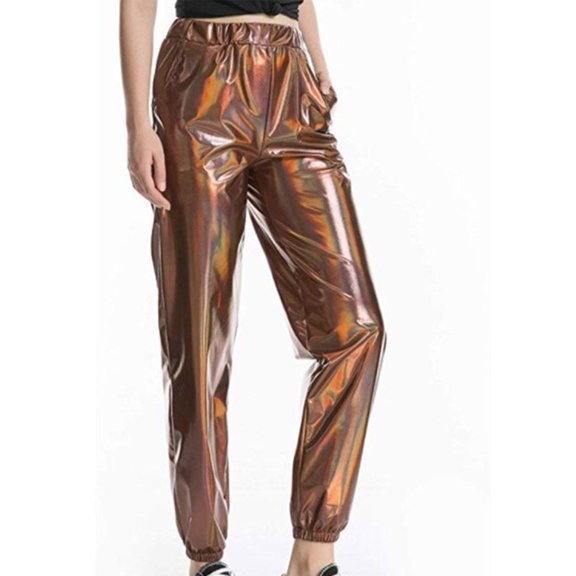 HAPIMO Sweatpants Jogger Party Pants for Women Elastic Waist Solid Shiny Trousers Leisure Relaxed Workout Trendy Clothes Retro Brown L