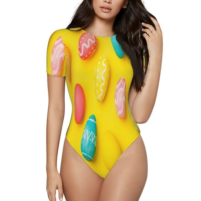 Fotbe Easter eggs (2) Body de Mujer con Cuello Redondo y Mangas Cortas, Sin Mangas Ajustado, Suave, Cómodo y Básico-Large
