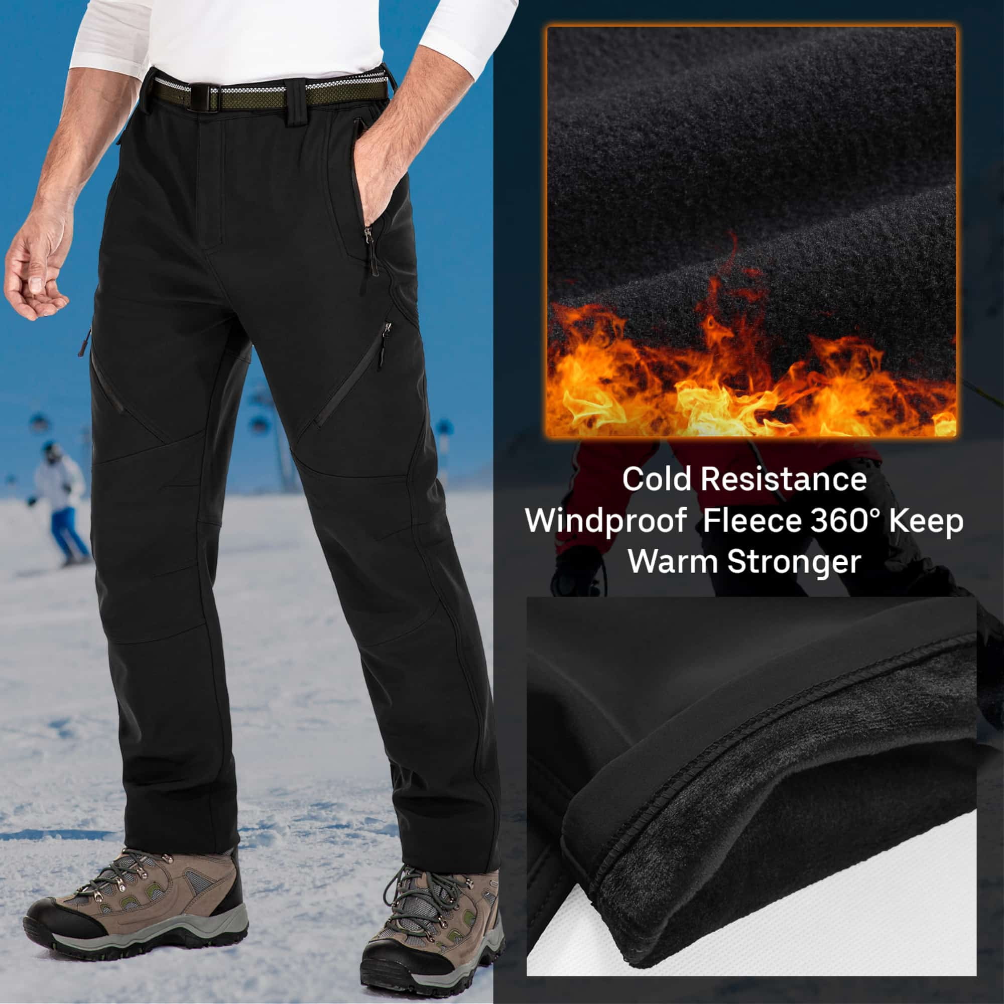 FEN AI Ski Snow Pants Men Fleece Lined Cargo Pant for Hiking Outdoor Insulated Winter Warm Softshell Trousers Black
