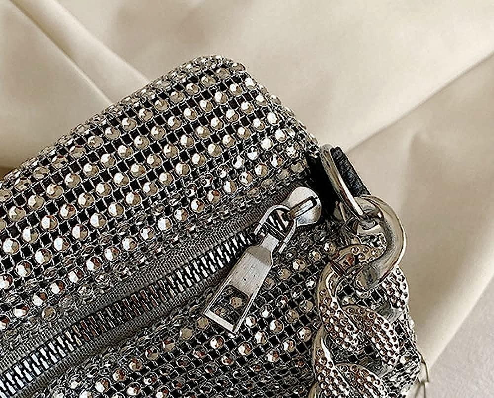 Kukuzhu Rhinestone Clutch for Women Sparkling Chain Evening Handbags Silver Purse Bling Hobo Handbag for Wedding Cocktail Party