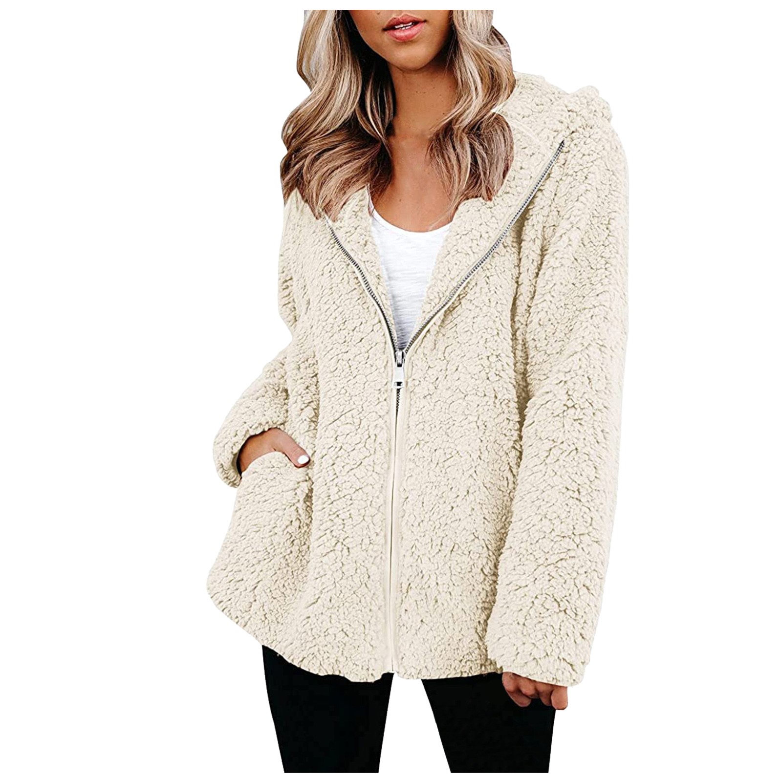 Women's Faux Sherpa Fleece Hoodie Jacket - Zip-Up Cozy Winter Sweatshirt With Pockets (Plus Size Available) - View #12