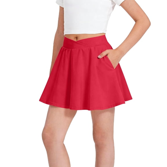 BLTIBY Girls Tennis Skirts 2026 Athletic Cross High Waisted Ruched Skirt with Pockets for Sports Golf Running Red 11-12Years