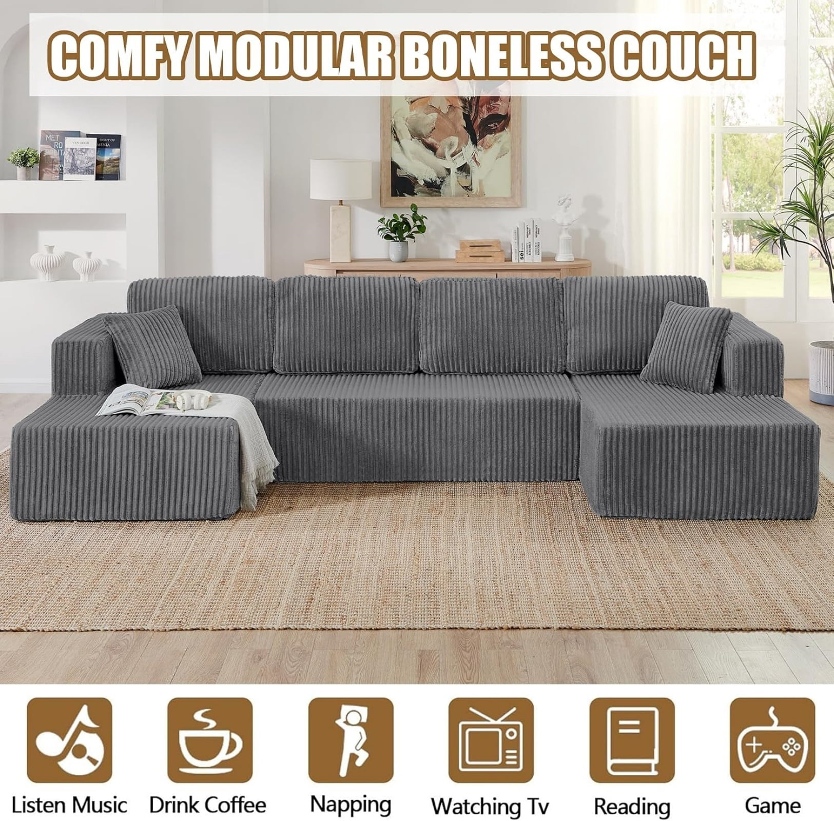 U Shape Modular Sectional Sofa with Chaise, Modern Minimalist Corduroy Couch with Sleeper Design, Comfy Space-Efficient Modular Sofa Set for Living Room, Apartment