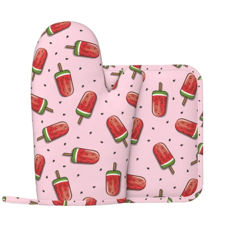 

Oven Mitts and Pot Holders Sets - watermelon ice cream Heat Resistant Silicone Oven Gloves (Left Glove) with Non-Slip Silicone Surface and hot pads for kitchen Baking Cooking