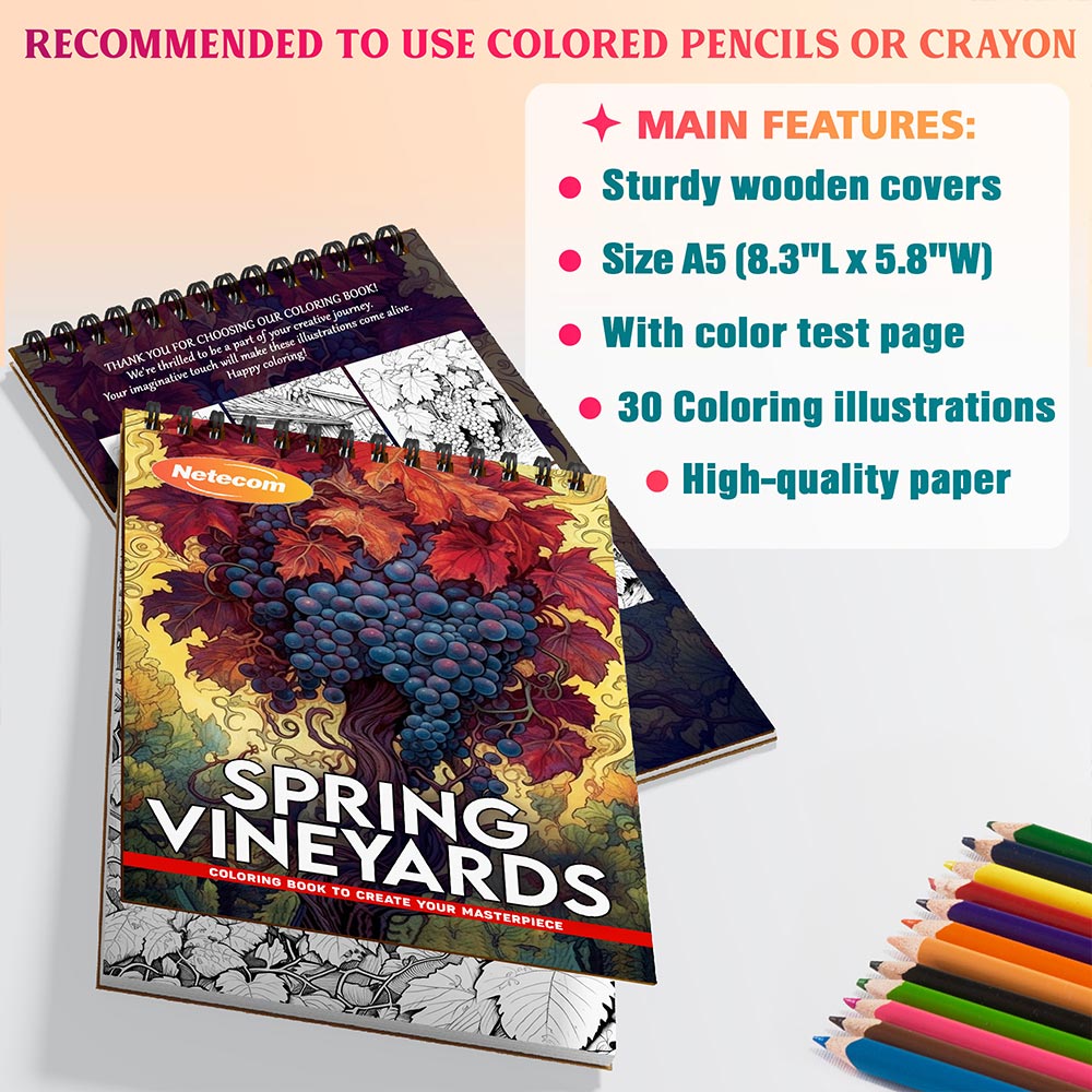 Spring Vineyards Coloring Book Spiral Bound For Adults, A5 Wooden Cover, 30 Refreshing Coloring Pages of vineyards flourishing for Stress Relief and Relaxation