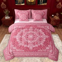 Manfei bohemian Flowers 7-Piece Twin Bedding Sets,Victorian Baroque Damask Bedding Comforter Set,Pink White Sheet Sets For Girls Kids,Luxury Bedroom Decor Reversible