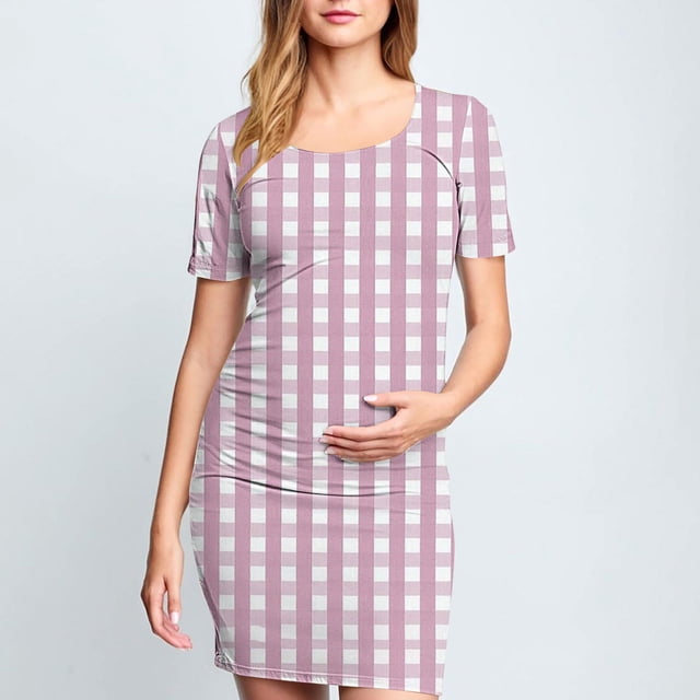 Ovzne Robes pour Femmes 2025 Robe pour Femme Jupe de Maternité Plissée Imprimée à la Mode pour Femme à Manches Courtes Col Rond Robe Mi-Mollet Robe de Printemps à Manches Courtes Imprimée Liquidation