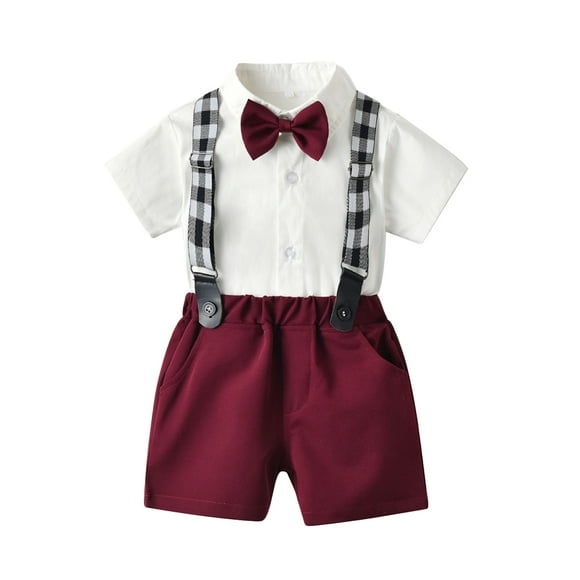 Qarigey Conjunto de pantalones y camisa de manga corta de verano para niños, ropa de fiesta, banquete, boda, pajarita, pantalones cortos con conjuntos de ropa Vino rojo 70cm