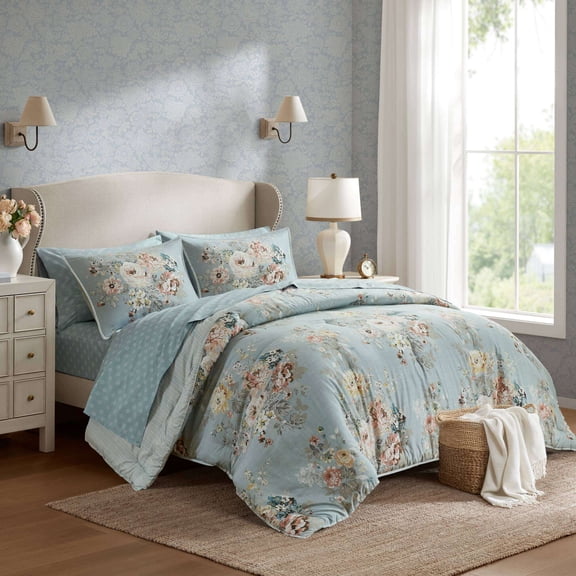 King Size Cotton Bedding Set 7-Piece King 7 Piece Vintage-inspired Collection floral print,Soft Blue,Bed In A Bag