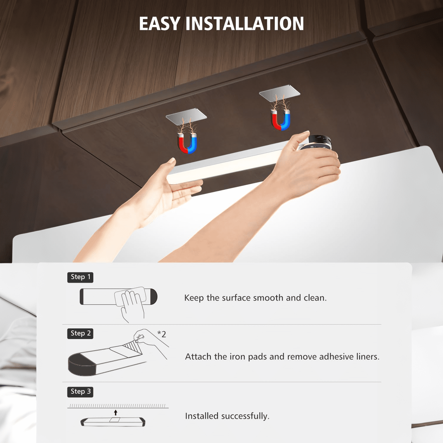 HRWOKI 15" Under Cabinet Lighting,84 LED 3 Color & Stepless Dimmable Closet Lights, Magnetic Under Counter Lights for Kitchen, Stairs, Hallway
