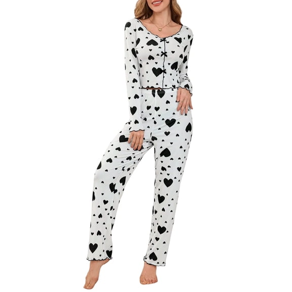 Women's Comfortable Heart Print Long Sleeve Long Pants Pajama Set - Loungewear - Black Size L